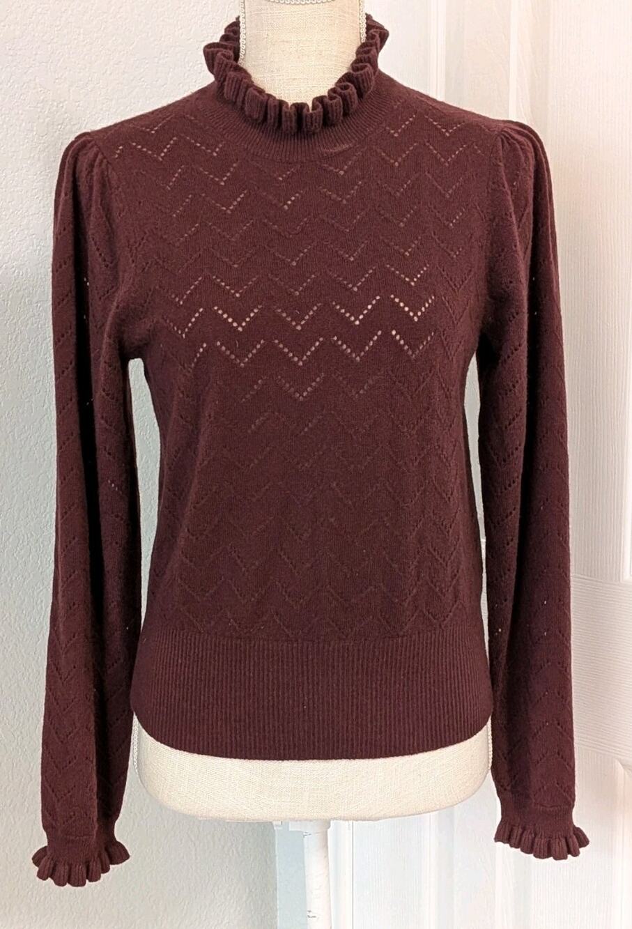 J. Crew 100% Cashmere Pointelle Mockneck Sweater Burgundy Ruffle Women MEDIUM
